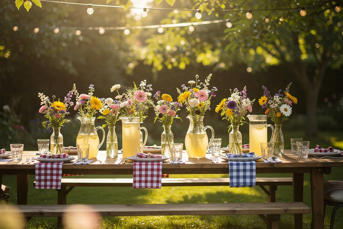 Fröhliche Gartenparty im Freien mit festlich gedeckten Tischen