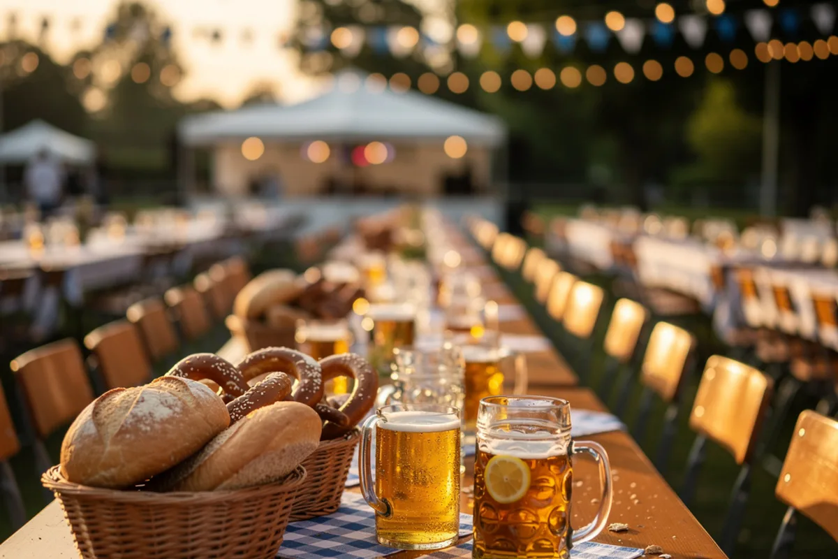 Vereinsfest mit langen Tischen, Biergarten-Stimmung und Festdekoration
